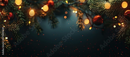 A bright Christmas garland set against a dark backdrop with copy space for a festive Christmas and New Year's background, perfect for a holiday card. photo