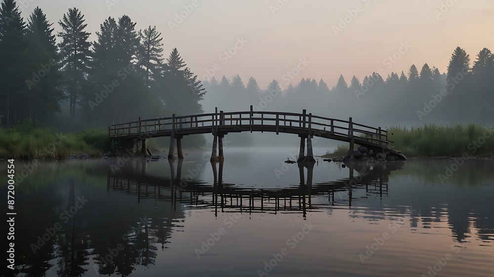 Wooden bridge over a misty lake at dawn