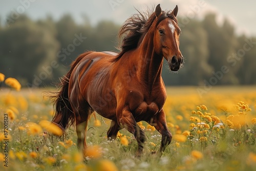 A bay horse is portrayed amidst tall summer grass, its majestic gallop captured in a vibrant display of wildlife.