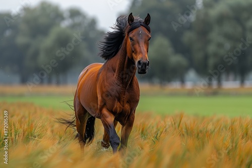 A bay horse is portrayed amidst tall summer grass, its majestic gallop captured in a vibrant display of wildlife.