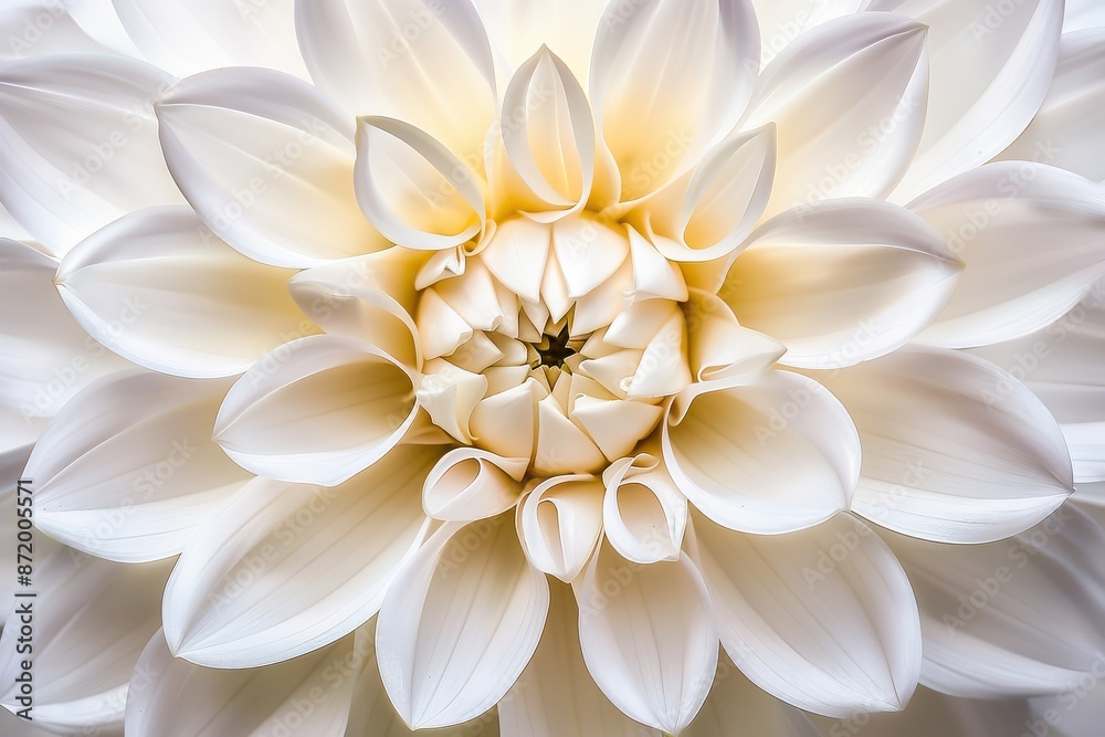 Close-up of a beautiful white dahlia flower with delicate petals showing perfect symmetry. Ideal for nature and floral designs.