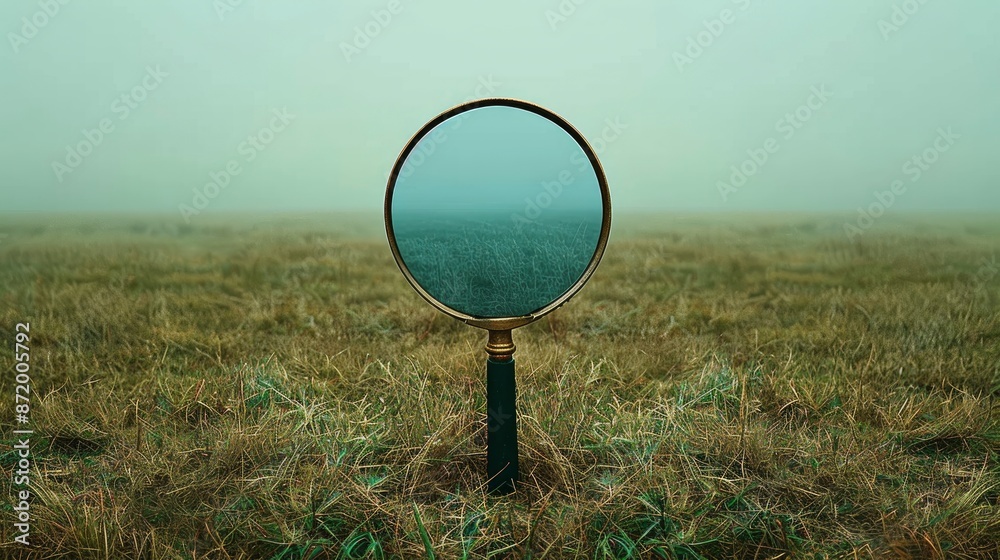 Minimalist, surreal digital art of a giant magnifying glass, standing in an empty field, muted colors, Minimalist, surreal digital art of a giant magnifying glass, standing in an empty field, muted colors,