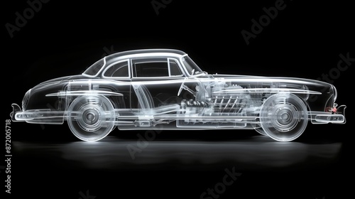 X-ray scan of a toy car, revealing the interior mechanics and structural components.