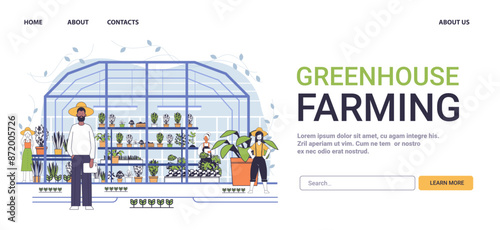 Greenhouse farming sustainable agriculture concept people working plants minimalistic line art