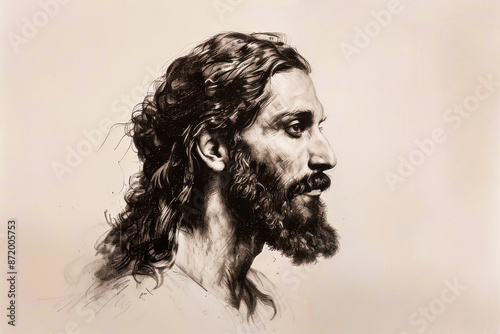 A detailed black and white pencil sketch portrait of a man's side profile, showcasing intricate hair and facial features.
