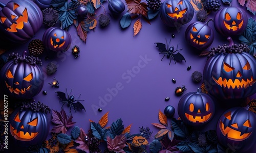 halloween decorations on purple background happy halloween concept flat lay pumpkins bony hands bats silhouettes spiders.stock photo