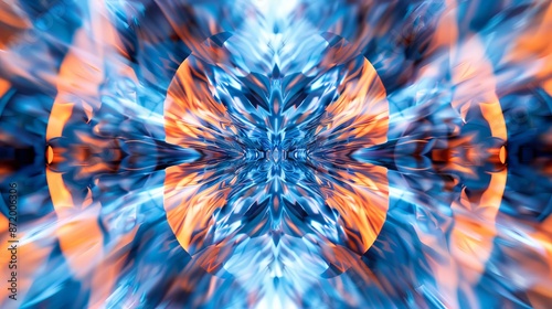 shallow depth of field cymatic stereogram inspired collage, acoustics mathematics physics signal processing magnetism abstract minimalism, blue and orange gradient emulsion, hdr, 8k, dslr, mirrorless,