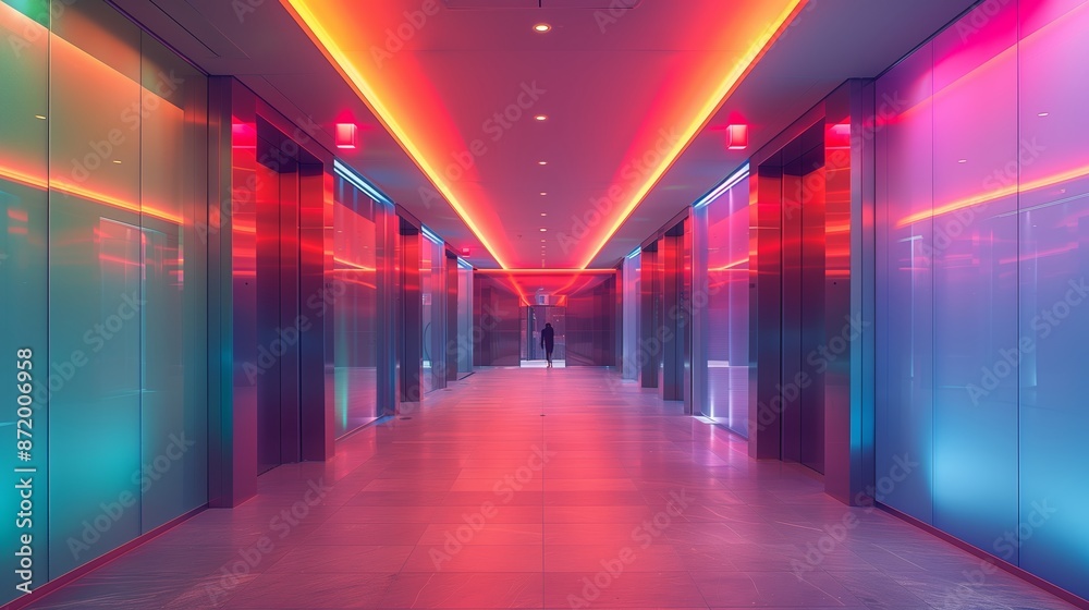 Neon Lit Hallway With Red and Blue Lighting and a Single Person Walking