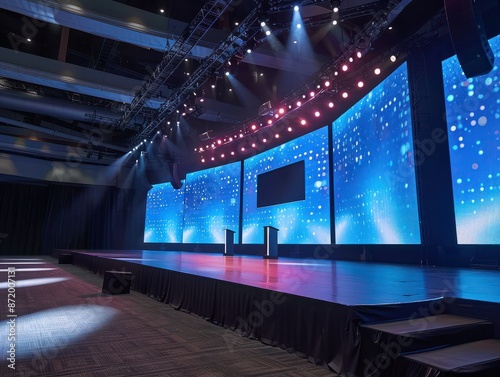 wide conference stage with several led video screens in the background photo