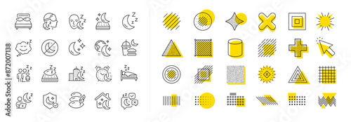 Sleeping pillow, Night bed and Insomnia sleeplessness. Design shape elements. Sleep line icons. Bedroom rest mattress, Zzz snooze and Pillows with feather icons. Vector