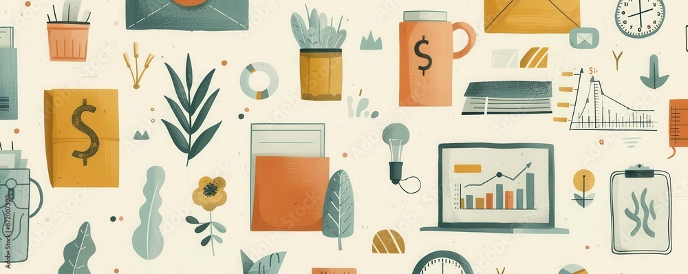A seamless pattern of various office supplies and natural elements, including plants, flowers, and money. The colors are muted and the style is simple and modern.