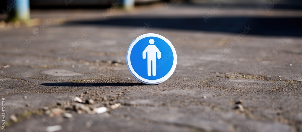 A blue and white social distancing sticker on the ground with no people around, providing a blank copy space image. A blue and white social distancing sticker on the ground with no people around, providing a blank copy space image.