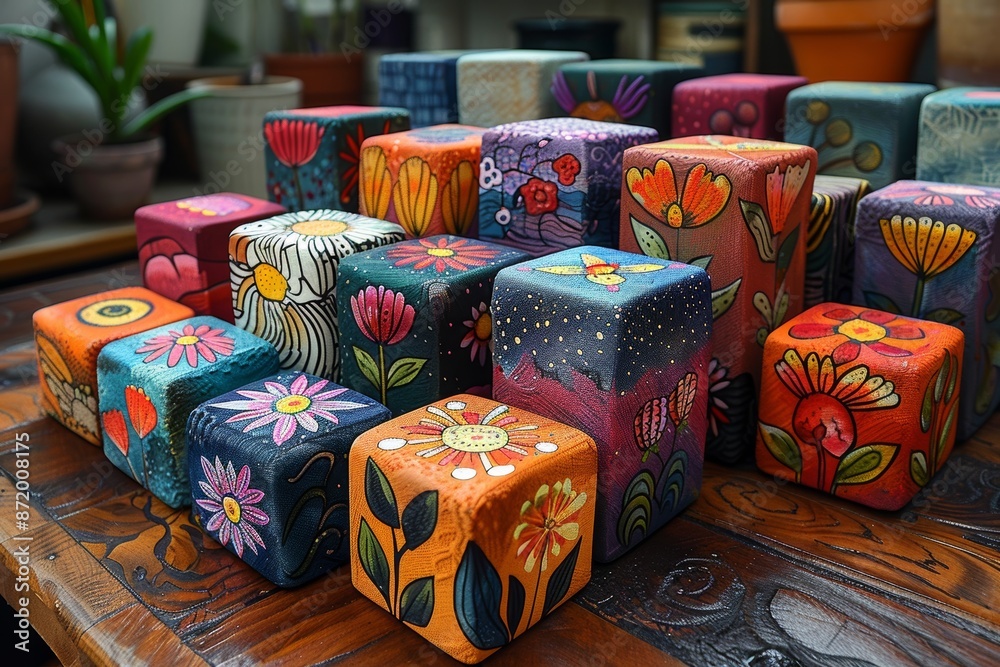 A collection of rectangular textiles showcases a variety of floral motifs, colors, designs, and shapes, skillfully crafted through sewing, embroidering, and knitting techniques. A collection of rectangular textiles showcases a variety of floral motifs, colors, designs, and shapes, skillfully crafted through sewing, embroidering, and knitting techniques.