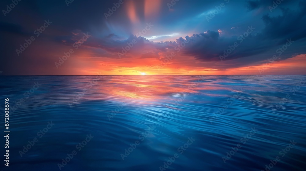 Fototapeta premium A mystical ocean scene, calm waves, twilight sky, vivid sunset colors