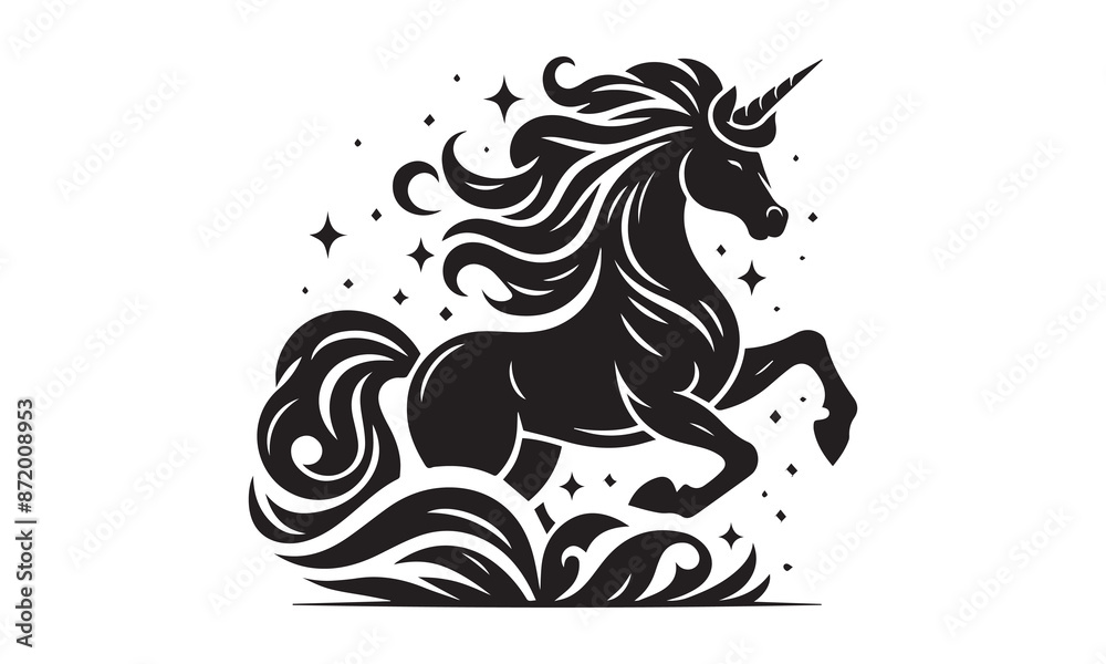 Fototapeta premium unicorn, Magic unicorn silhouette, Silhouette of a flying unicorn, Unicorn head circle tattoo illustration, horses tattoo. Black unicorn silhouette vector style and white background
