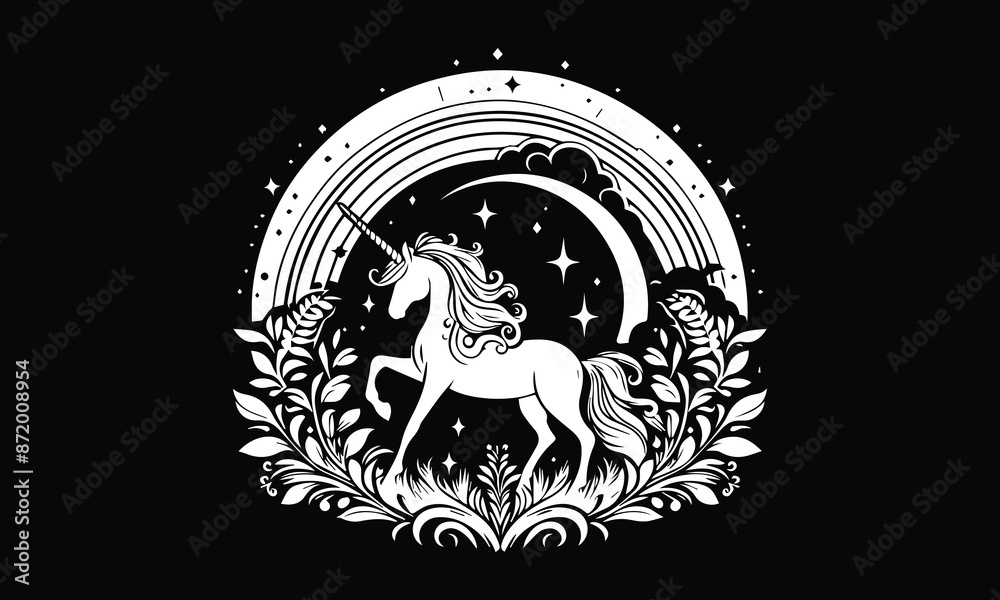 Fototapeta premium unicorn, Magic unicorn silhouette, Silhouette of a flying unicorn, Unicorn head circle tattoo illustration, horses tattoo. Black unicorn silhouette vector style and white background