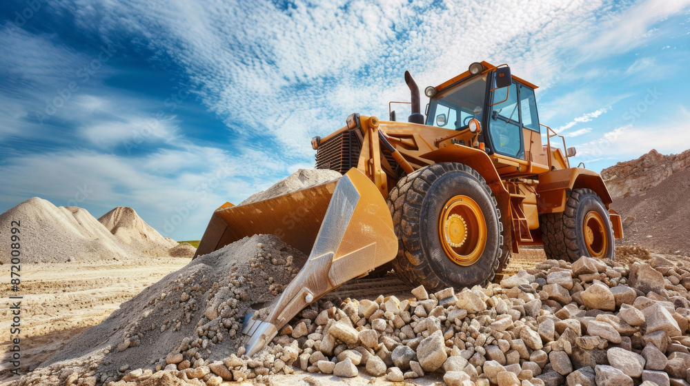 A yellow wheel loader digs gravel in a quarry, its bucket full. Rocks surround it under a blue sky with clouds A yellow wheel loader digs gravel in a quarry, its bucket full. Rocks surround it under a blue sky with clouds