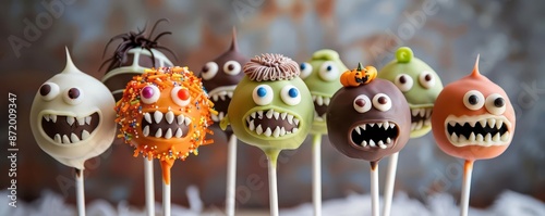 Monster face cake pops with various expressions, Halloween dessert, playful and scary,