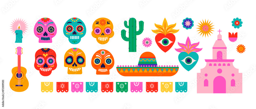 Fototapeta premium Day of the Dead, Dia de los Muertos, Collection of elements, icons for Mexican holiday. Vector poster, banner and card in modern geometrical style, with skulls, church, guitar and flowers