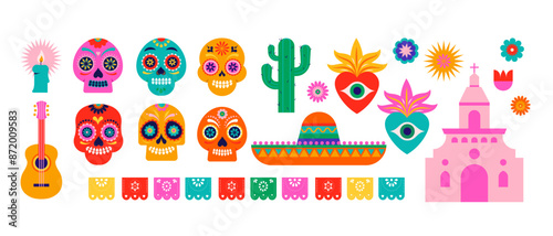 Day of the Dead, Dia de los Muertos, Collection of elements, icons for Mexican holiday. Vector poster, banner and card in modern geometrical style, with skulls, church, guitar and flowers