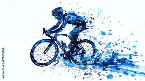 Blue Ink Painting of fast Cyclist Silhouette: Light Blue Watercolor Style with Splash Effects. photo