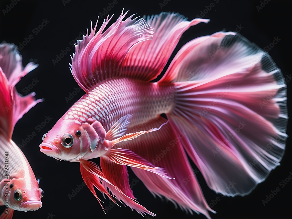 Elegant white and pink half moon betta fish. Beautiful movement of Siamese fighting fish, Betta splendens, Halfmoon Betta isolated on black background. Elegant white and pink half moon betta fish. Beautiful movement of Siamese fighting fish, Betta splendens, Halfmoon Betta isolated on black background.