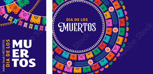 Day of the Dead, Dia de los Muertos, Mexican holiday. Vector poster, banner and card in modern geometrical style, with skulls, church, guitar and flowers