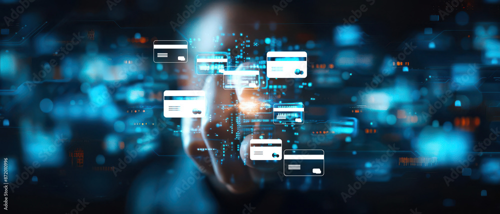 Depict a busy business person juggling multiple credit cards in a hightech environment Depict a busy business person juggling multiple credit cards in a hightech environment