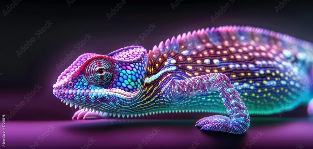Obraz premium A vibrant, colorful chameleon illuminated with neon lights against a dark background, showcasing its vivid patterns and unique textures.