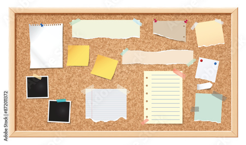 Notice board. Corkboard, noticeboard with blank ripped paper notes for message, memo pined stickers and photo frames. Information office wall border vector illustration.