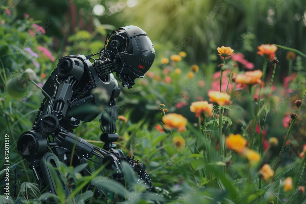 A black robot in a lush garden, vivid blooms contrasting its metallic limbs and sensors A black robot in a lush garden, vivid blooms contrasting its metallic limbs and sensors