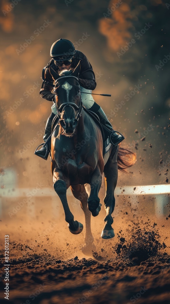 Racehorse Galloping on a Dirt Track with Dark Cyan and Light Crimson Hues Racehorse Galloping on a Dirt Track with Dark Cyan and Light Crimson Hues
