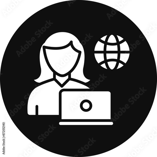 Remote Female Worker Glyph Black Circle Icon