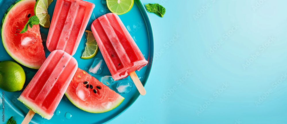 Watermelon and lime popsicles on a blue plate with copy space for a summer concept, in a flat lay top view. Watermelon and lime popsicles on a blue plate with copy space for a summer concept, in a flat lay top view.
