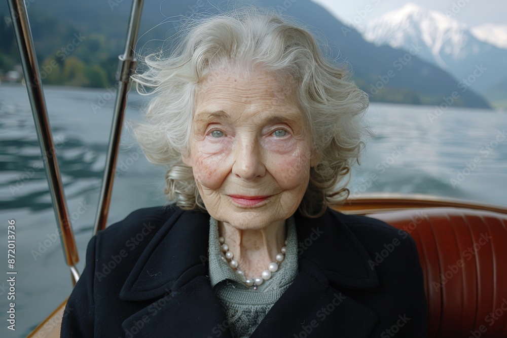 Elderly woman with white hair and pearl necklace smiles serenely in a boat on a lake with snow-capped mountains. She wears a black coat, exuding peace and tranquility in the scenic setting Elderly woman with white hair and pearl necklace smiles serenely in a boat on a lake with snow-capped mountains. She wears a black coat, exuding peace and tranquility in the scenic setting