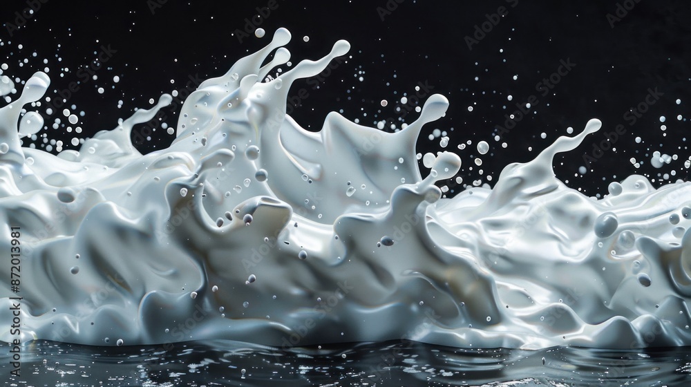 An artistic 3D representation of milk splashing captured on a dark background. The image showcases the milk's flow and movement as it splatters and forms unique shapes. Studio lighting is used to An artistic 3D representation of milk splashing captured on a dark background. The image showcases the milk's flow and movement as it splatters and forms unique shapes. Studio lighting is used to