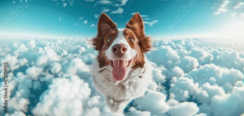 Happy dog flying through the clouds in a surreal and dreamy sky. Joyful and imaginative scene of a playful pup among the clouds. photo