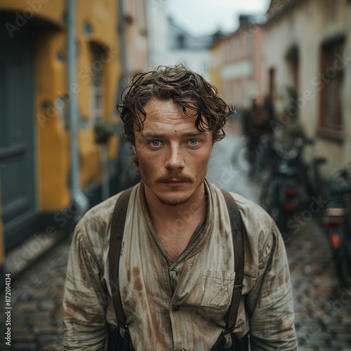 Determined young man in alley wearing worn-out shirt and suspenders. Blurry background with two buildings. Old-fashioned street setting with vintage vibes. Urban lifestyle concept