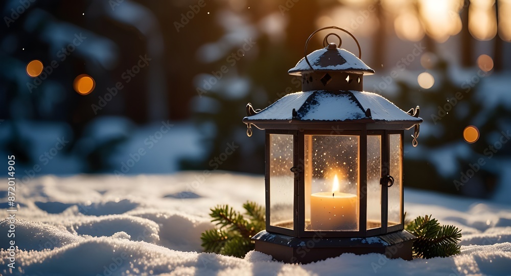 Christmas lantern in the snow with fir branches in the sun. winter decoration background. Generative AI Christmas lantern in the snow with fir branches in the sun. winter decoration background. Generative AI