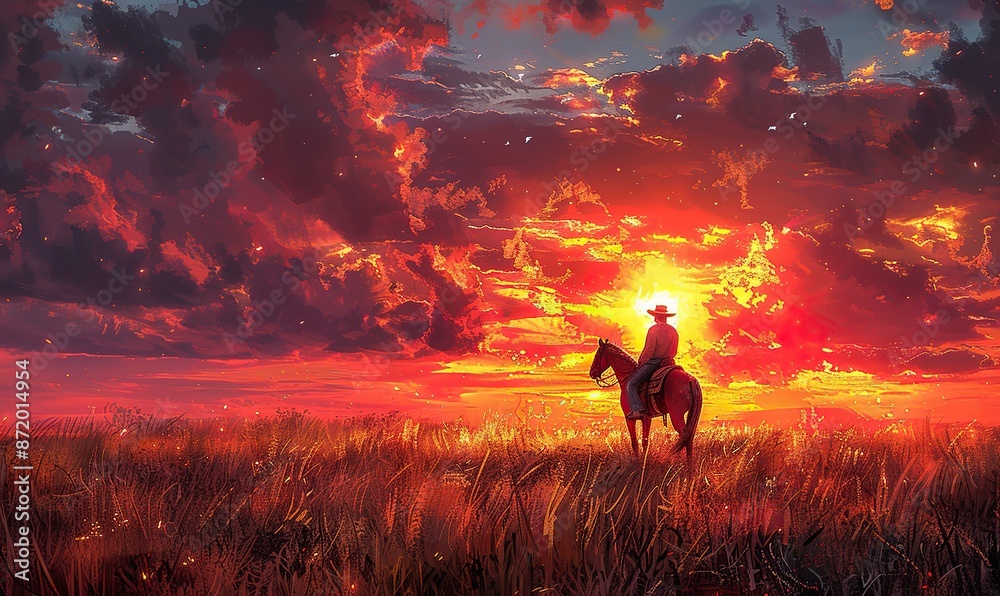 Fototapeta premium cowboy riding horse at sunset digital art painting.illustration