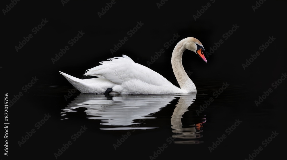 Fototapeta premium A single white swan swims gracefully across a dark, still water surface