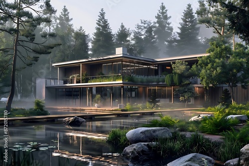 Modern House with Pond and Foggy Forest 3D Illustration