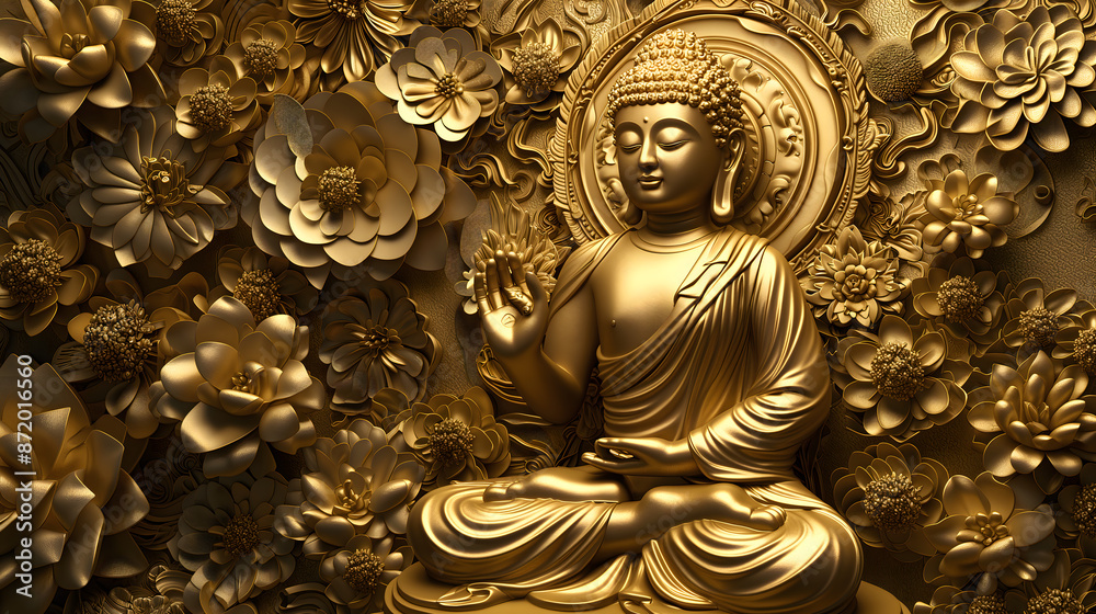 Golden Buddha statue in a Thai temple surrounded by intricate stone carvings and ancient architecture, depicting the essence of Thai religious art and culture Golden Buddha statue in a Thai temple surrounded by intricate stone carvings and ancient architecture, depicting the essence of Thai religious art and culture