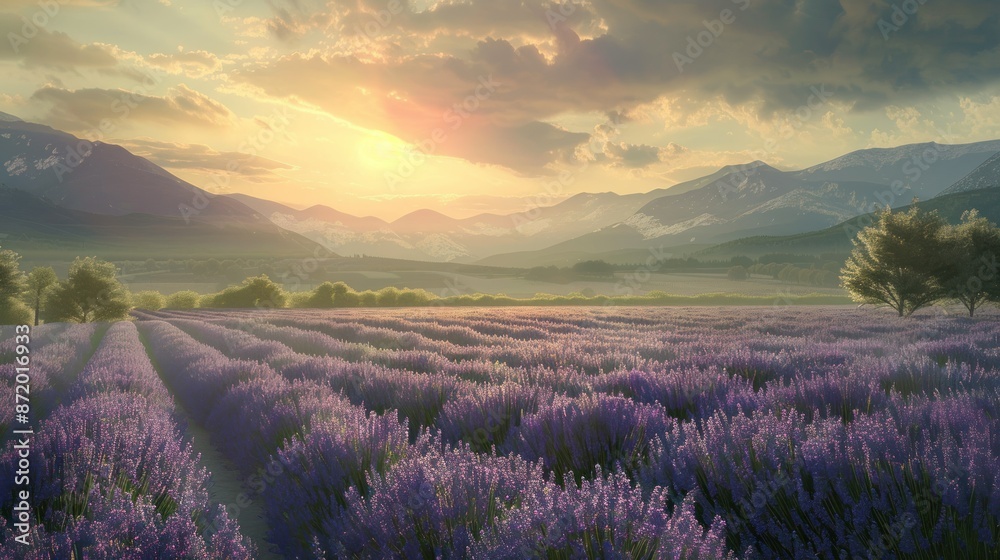 Sunlit lavender field with mountains in the distance
