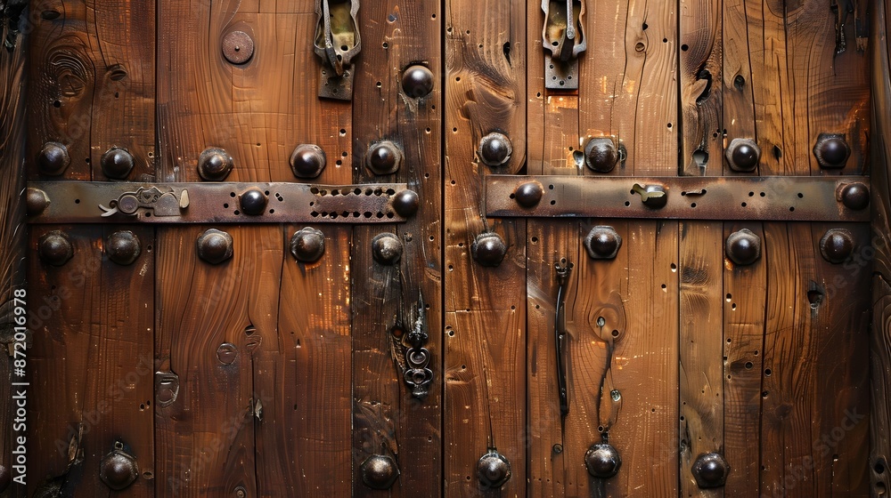 Obraz premium Antique Wooden Door with Iron Accents on Weathered Wooden Background Exuding Historic Vintage Charm