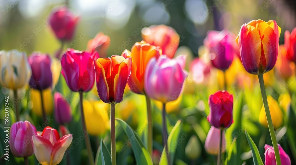 Vibrant tulip garden in full bloom during springtime