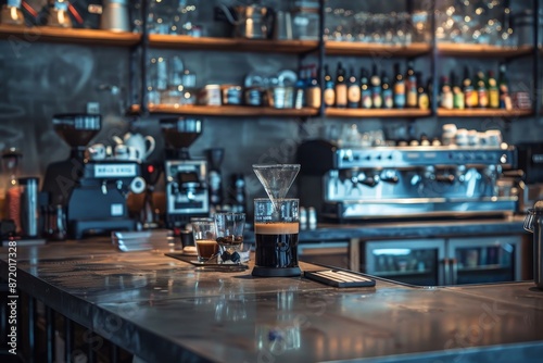 Stylish bar counter in a high end coffee shop with selective focus creating an upscale atmosphere