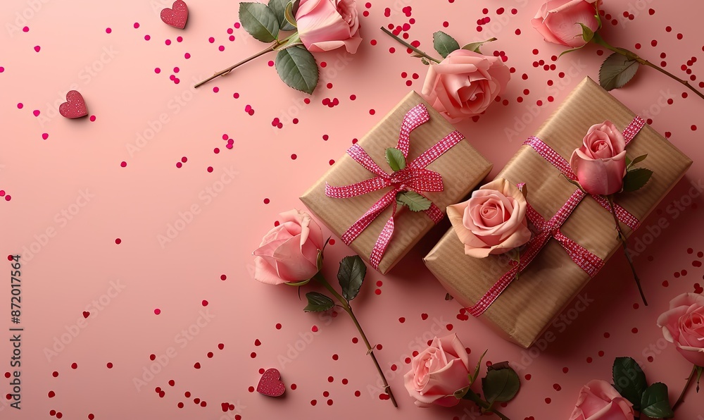 romantic valentines day flat lay composition, gift boxes roses buds hearts confetti on pink background.stock photo romantic valentines day flat lay composition, gift boxes roses buds hearts confetti on pink background.stock photo