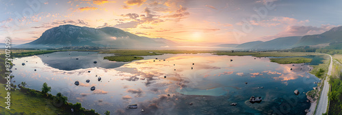 Scenic panorama of Skadarsko Lake with tranquil water and a picturesque sunrise