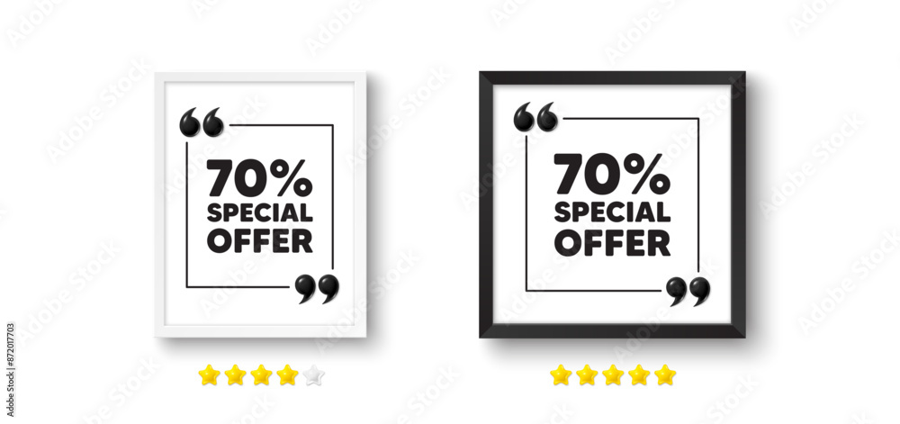 Picture frame with 3d quotation icon. 70 percent discount offer tag. Sale price promo sign. Special offer symbol. Discount chat message. Photo frame wall. 3d comma quotes. Vector Picture frame with 3d quotation icon. 70 percent discount offer tag. Sale price promo sign. Special offer symbol. Discount chat message. Photo frame wall. 3d comma quotes. Vector